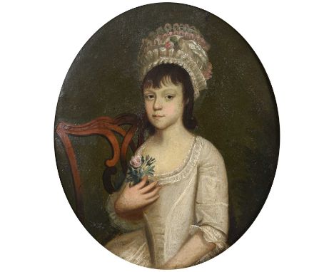 British School (Late 18th century) Portrait of a young lady, half length seated on a Chippendale style chair wearing a white 