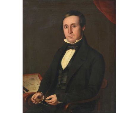 British school (19th century)Portrait of a gentleman three-quarter length seated, holding a compass with a map of the West In