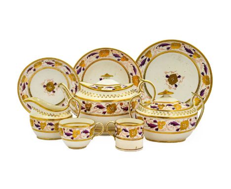 {} An English Porcelain Tea and Coffee Service, circa 1810, painted in shades of puce and gilt with a band of stylised foliag