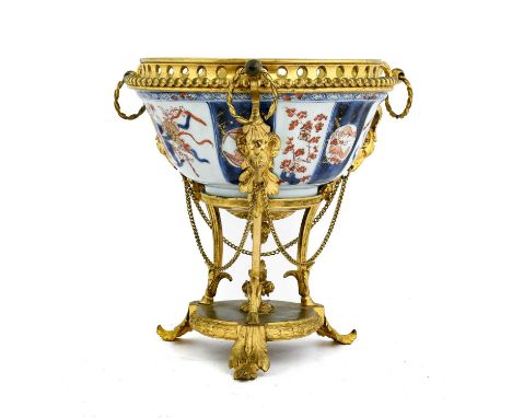 A Gilt Metal Mounted Chinese Imari Bowl, the porcelain Qianlong, the mounts 19th century, the bowl of fluted circular form, t