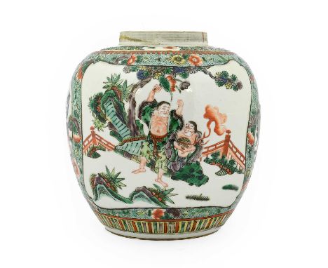 A Chinese Porcelain Jar, in Kangxi style, of ovoid form, painted in famille verte enamels with figures in gardens on a green 