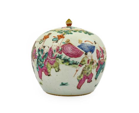 A Chinese Porcelain Jar and Cover, 19th century, of ovoid form, painted in famille rose enamels with a parade of children wit