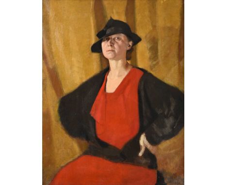 Attributed to Percy Telford (20th century)Portrait of a lady, three quarter length seated, wearing a red dress with black jac