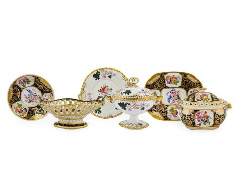 A Chamberlains Worcester Porcelain Armorial Basket, circa 1810, of lobed oval form with ropetwist handles, painted with a cen