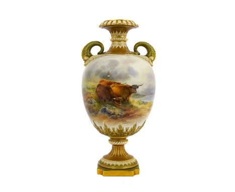 A Royal Worcester Porcelain Vase, by John Stinton, circa 1912, of ovoid form with flared neck and dolphin handles, painted wi
