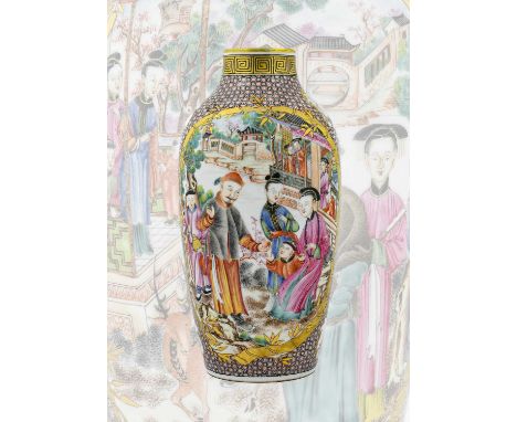 A Porcelain Baluster Vase, in Chinese Qianlong style, painted in famille rose enamels with figures in gardens and landscapes 