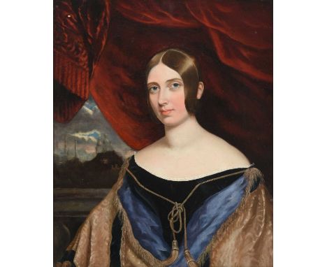 Follower of Franz Xaver Winterhalter (1805-1873) GermanPortrait of a lady, head and shoulders on a balustraded balcony and be