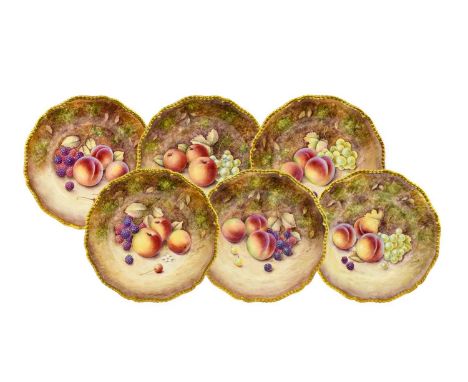 A Set of Six Royal Worcester Porcelain Tea Plates, by Kendry and Price, 2nd half 20th century, painted with still lifes of fr