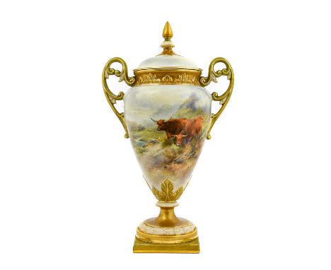 A Royal Worcester Porcelain Vase and Cover, by John Stinton, 1911, of baluster form with twin-scroll handles, painted with hi