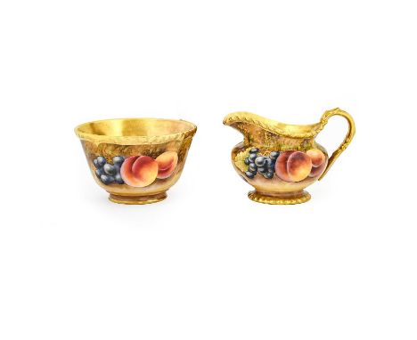 A Royal Worcester Porcelain Cream Jug and Sugar Bowl, by N Bunegar, 2nd half 20th century, painted with still lifes of fruit 