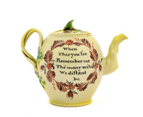 A Creamware Teapot and Cover, circa 1770, Staffordshire or Yorkshire, painted in the manner of Robinson and Rhodes with the i