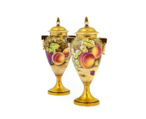A Pair of Royal Worcester Porcelain Vases and Covers, by Price and Bunegar, 2nd half 20th century, of baluster form with dome