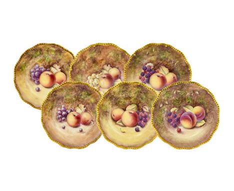 A Set of Six Royal Worcester Porcelain Dessert Plates, by John Reed, 2nd half 20th century, painted with still lifes of fruit