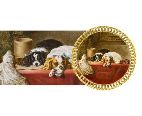 A Royal Worcester Porcelain Plate, 1875, painted by Robert F Perling with “The Cavalier’s Pets” after Sir E Landseer RA withi