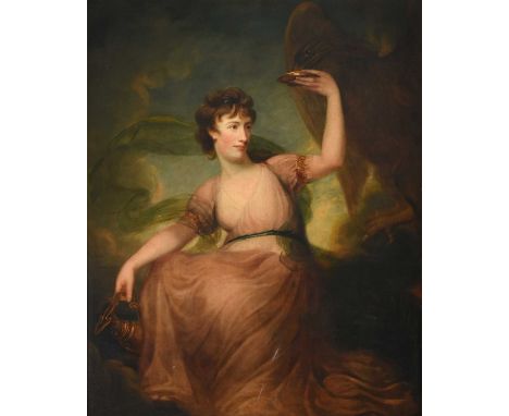 ~ Attributed to Henry Thompson RA (1773-1843)Portrait of a lady seated in the guise of Hebe with attendant Eagle and holding 