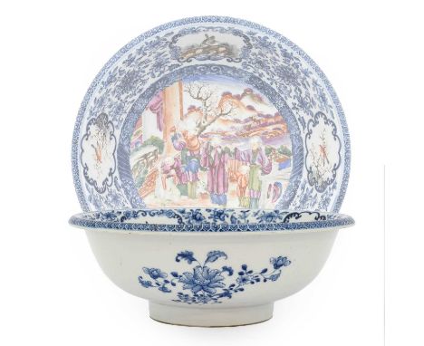 A Chinese Porcelain Basin, Qianlong, painted in famille rose enamels with figures in a garden and with birds amongst foliage 