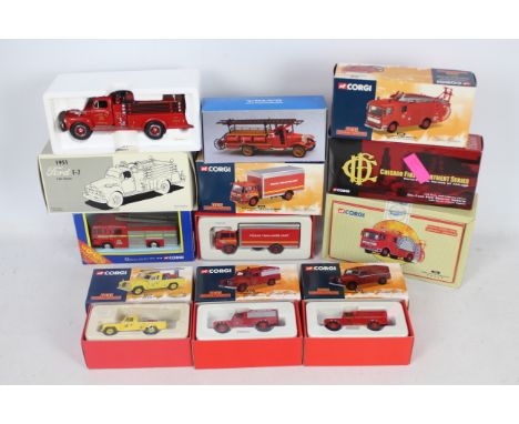 Corgi, Conrad, First Gear - Ten boxed diecast model fire appliances predominately by Corgi. Lot includes Corgi #07410 Land Ro