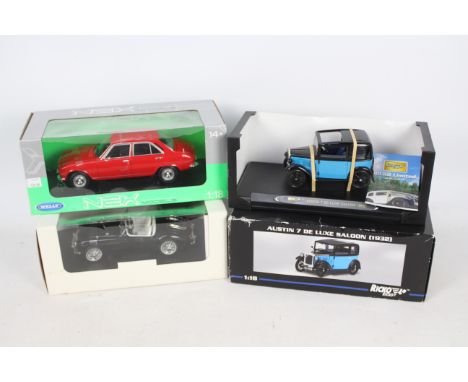 Ricko - Revell - Welly NEX - 3 x 1:18 scale cars, Austin 7 DeLuxe # 32130, MGA Roadster, Peugeot 504 # 18001W. The Austin's s