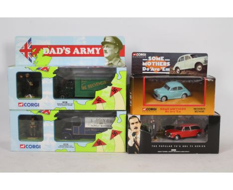 Corgi - 4 x TV related models, 2 x Dad's Army Vans # 18501, # 09002, Some Mothers Do Ave Em Morris Minor # 96758 and Fawlty T