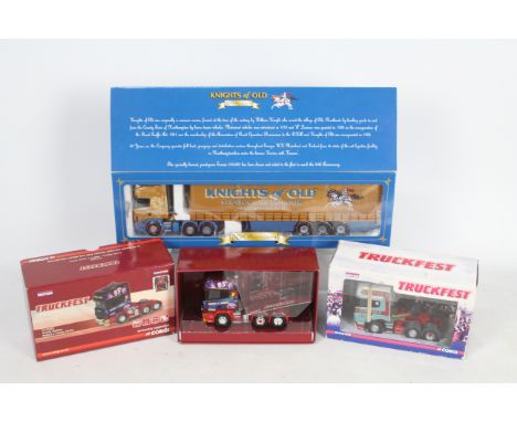Corgi - 3 x limited edition Scania trucks, a Topline Curtainside in Knights Of Old livery number 1921 of 3200 # CC12911, a To