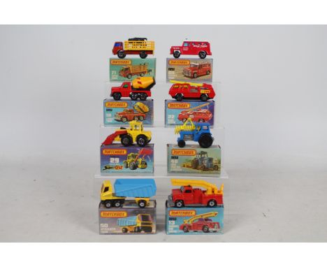 Matchbox - Superfast - 8 boxed vehicles including Cement Truck # 19, Tractor Shover # 29, Cattle Truck # 71 and other similar