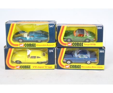 Corgi - 4 boxed 1970s models, Porsche 911 Targa # 382, Chevrolet Astro1 # 347, Jaguara E Type V12 # 374 and Mercedes 350 SL #