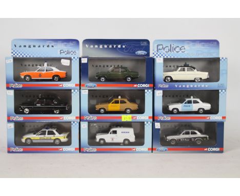 Corgi Vanguards - 9 x boxed 1:43 scale die-cast model Ford and Police vehicles - Lot includes a #09504 Ford Escort MK1, a #09