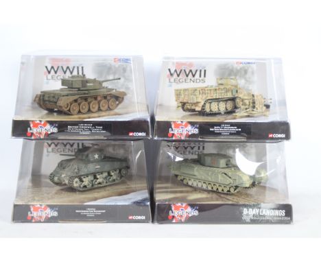 Corgi - Four boxed diecast 1:50 scale military vehicles from the Corgi 'WWII Legends' series. Lot includes CC5103 M4A3 Sherma