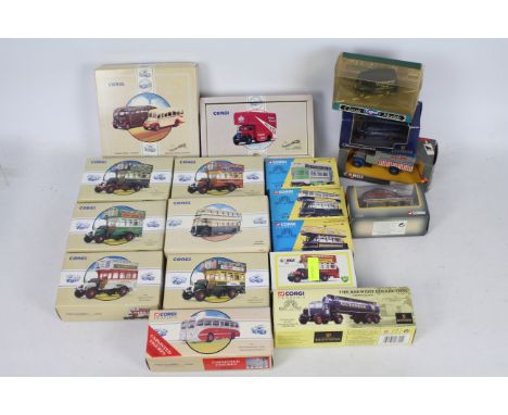 Corgi - A collection of 16 boxed diecast model vehicles by Corgi. Lot includes #97075 Bedford OB & AEC Regal 'The South Wales