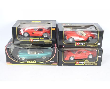 Bburago - Solido - 4 x cars, a 1955 Cadillac Eldorado in 1:21 scale # 8012, Ferrari F40 in 1:18 scale # 3032, Chevrolet Corve