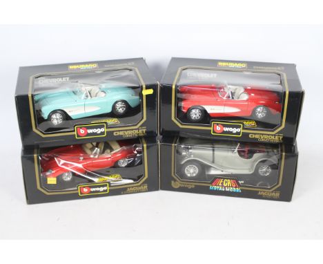 Bburago - 4 x 1:18 scale cars, Chevrolet Corvette x 2 # 3024, Jaguar E Type # 3016 and Jaguar SS100 # 3006. The models appear