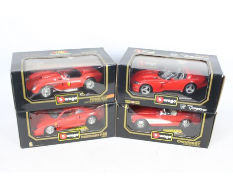 Bburago - 4 x 1:18 scale cars, Ferrari F40 # 3032, Ferrari 250 Testa Rossa # 3002, Chevrolet Corvette # 3024 and Dodge Viper 