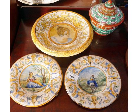 Early Italian Maiolica larger dish (approx 25cm dia) with two others Derata Faience type, approx 19cm dia, together with a li
