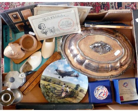 Assorted items including, Battle of Britain paperweight and plate, slide and folding rule, Russian carved wooden bear, silver