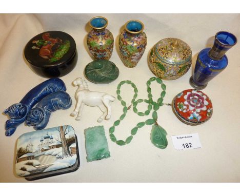 Russian painted lacquered boxes, cloisonne vases and pot. Oriental carved jade or greenstone necklace, etc