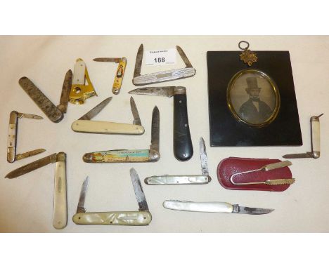 Pen and pocket knives, makes include: Needham, Joseph Rodgers, Richards etc. Together with a tin type photo of a gentleman we