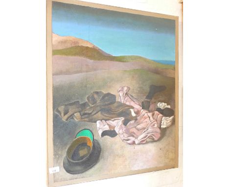 A Robin RAE (1928 - 2019) surrealist oil on canvas of a man's hat and clothes on the beach, signed verso, 30" x 24"