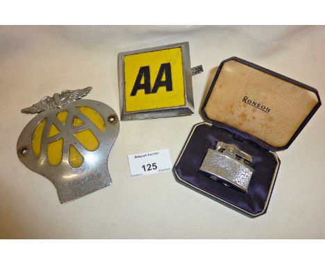 Two vintage AA car badges and a cased Ronson lighter