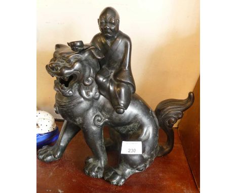 Large 19thc Chinese (?) bronze figure (censer?) on Fo dog 23cm high 