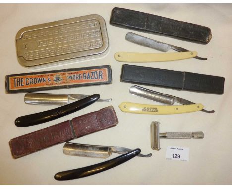 Rolls Razor, Gilette safety razor and various cased cut throat razors included. Gotta, Crown and Sword, The Favourite etc.