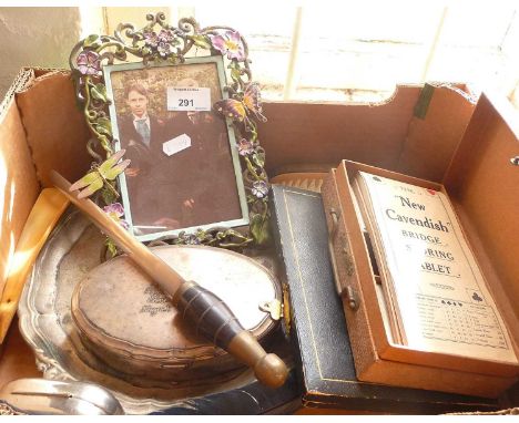 Assorted items including ornate enamel photo frame, silver-plated box and dish, letter opener, etc