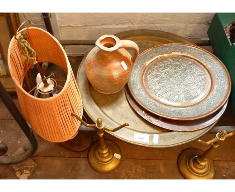 Victorian brass fire irons, Persian silvered copper tray and other items 