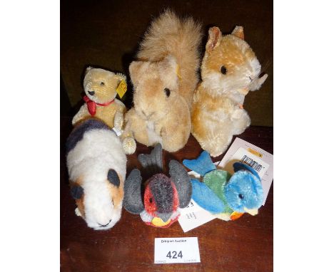 Vintage Steiff plush squirrel, miniature teddy bear, guinea pig, two birds and a hamster