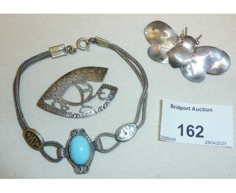 Native American sterling silver butterfly or moth brooch signed LH, Turkish 800 silver and niello enamel bracelet, etc