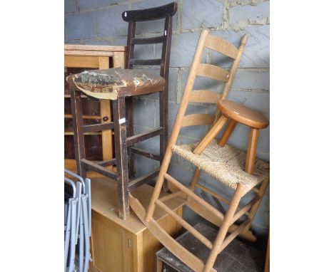Upholstered high architects/clerks stool, shaker-style ladder back rocking chair and a milking stool.