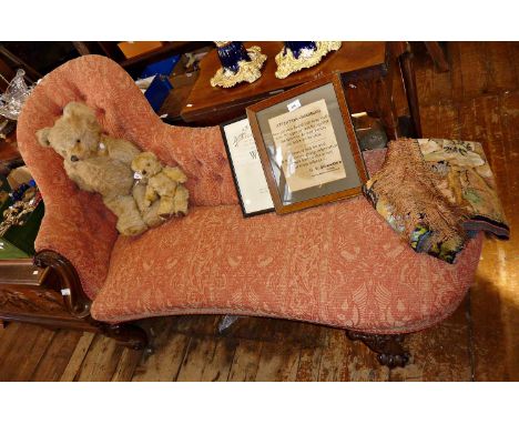 19th c. upholstered chaise longue sofa having carved mahogany frame and cabriole legs