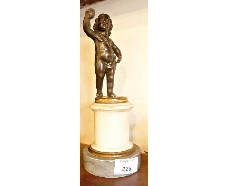 19thc French bronze putti on marble base, 24cm high