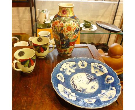 18thc Worcester "clobbered" vase, a Bow blue and white plate and two cups 