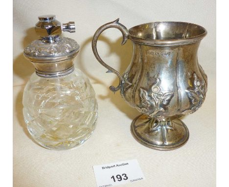 Silver mug with Ivy decoration and engraved inscription. hallmarked for Sheffield 1851, John Harrison. Together with a silver