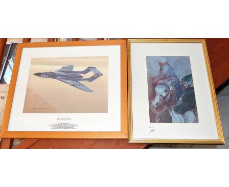 Coloured print of a watercolour sketch titled "Afghan Horseman Detail" by Brian MOORE and a Brian Knight print of a De Havila